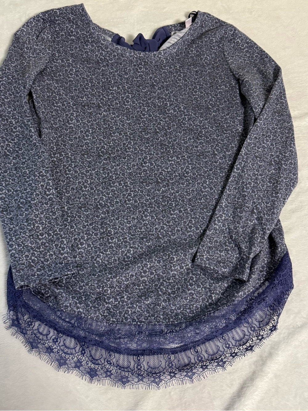 LC Lauren Conrad Womens S Blue Floral Knit Long Sleeve Blouse Lace and Bow